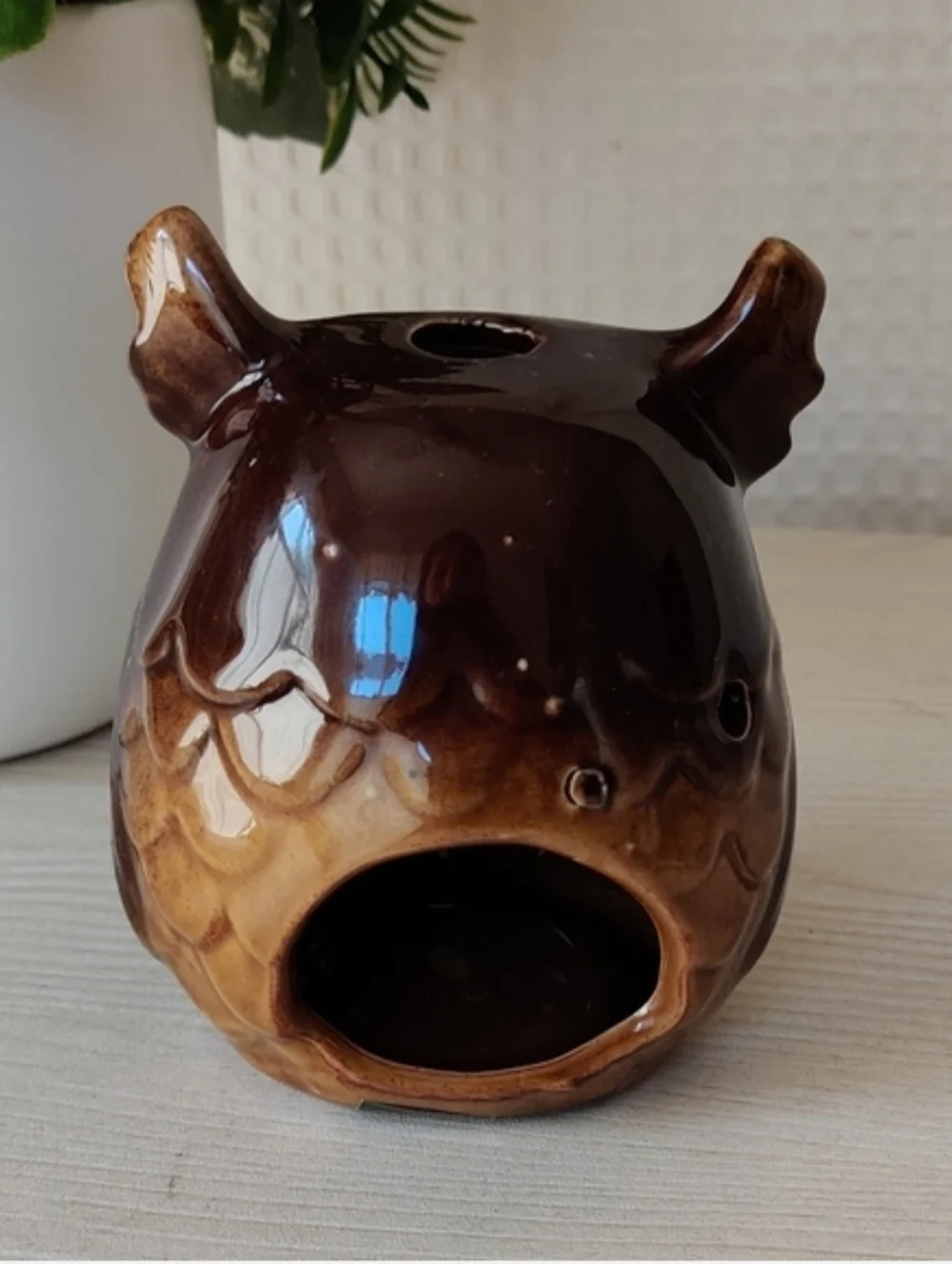 Brown Glazed Ceramic Owl Tea Light Candle Holder